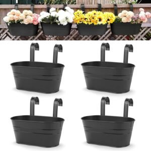 4pcs Large Hanging Flower Pots, Metal Iron Wall Planter Indoor/Outdoor for Railing Fence Balcony Garden Home Decoration with Detachable Hooks