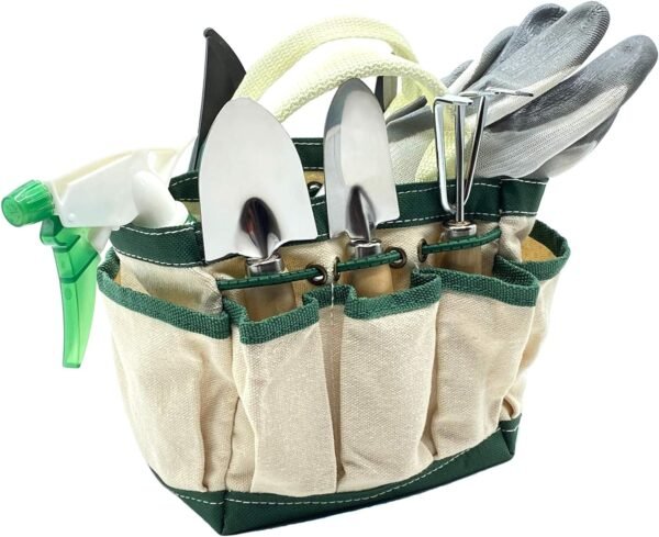 Small Garden Tool Set, 8 Piece Gardening Balcony Mini Kit Bag, Trowel Transplanter Hand Rake Pruner Snips Shovel Gloves Watering Spray, Stainless Steel Wooden Handles, Gift for Woman Men Kids