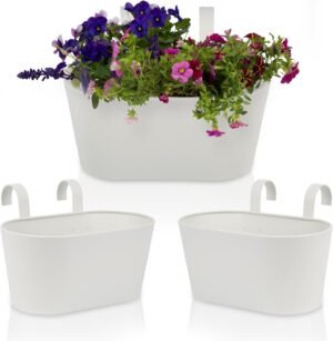 Beautiful Hanging Flower Pots for Outside Railing Or Fence - Stylish Set of 3 Outdoor Planters For Any Balcony, Porch or Deck - Window Planter Boxes Are Perfect to Grow Fresh Herbs & Flowers at Home