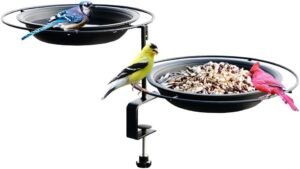 Solution4Patio Expert in Garden Creation Urban Apartment Deck Rail Bird Feeder & Bird Bath, Balcony Platform Removable Metal Tray 8" Dia, Not Blowing Away, Adjustable Clamp Bracket #G-B124A00-US