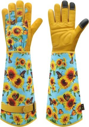 Gardening Gloves for Women, Rose Gloves Gardening Thorn Proof, Long Garden Gloves for Women, Breathable Cowhide Leather Gauntlet (Medium, Blue)