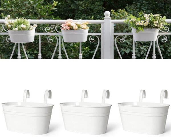 Dahey Metal Iron Hanging Flower Pots for Railing Fence Hanging Bucket Pots Countryside Style Window Flower Plant Holder with Detachable Hooks Home Decor,White,3 Pcs