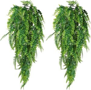 2 Pack Artificial Hanging Plants Fake Hanging Plants, Faux Plant Green Fern Vine Plastic Vines Fake Greenery Fern Persian Rattan&Grass for Bedroom Accessories Party Garden Wall Room Decor Farmhouse