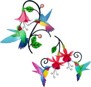 2 Pack Metal Hummingbird Outdoor Wall Art Decor with Metal Flower Wall Decor, Creative Outdoor Wall Decor for Patio Wall Fence Deck Garden Home Kitchen Balcony Metal Bird Wall Sculpture Hanging for