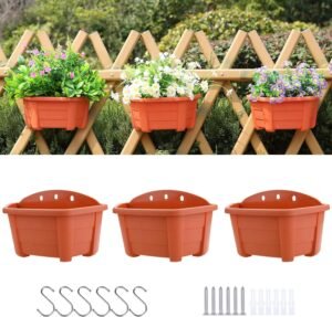 3 Pack 9.84” Wall Hanging Planters, Railing Hanging Planters for Fence Balcony Garden Outdoor Decor, Plastic Flower Pot for Window Plant Holder (Terracotta Red)