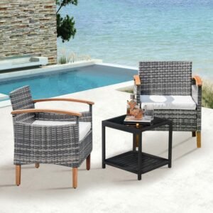 3 Piece Outdoor Patio Furniture Set Outdoor Furniture Set with Table Outside Lawn Patio Chairs Set of 2 Patio Conversation Sets Bistro Wicker Patio Set for Porch Balcony Backyard Deck(Gray)