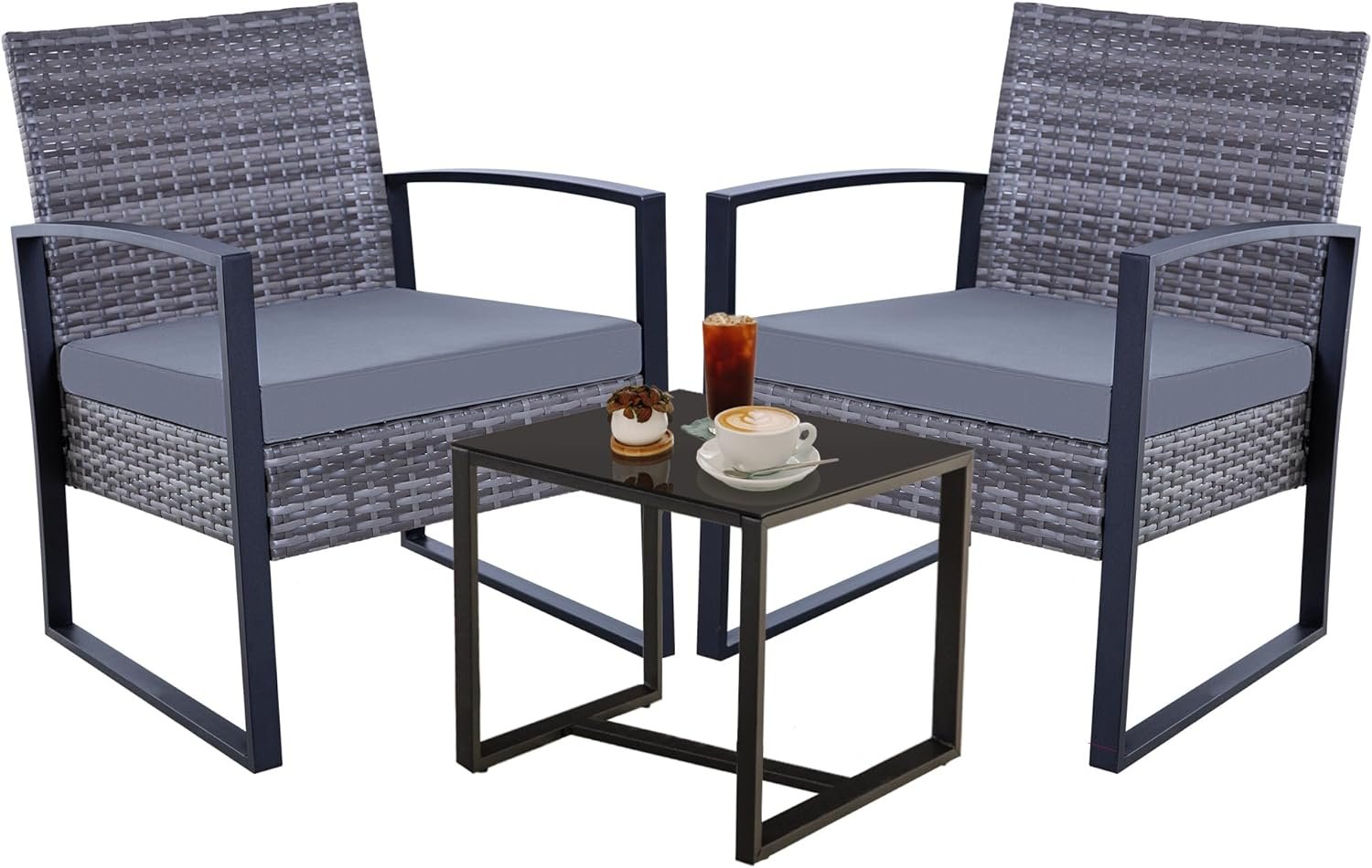 3 Piece Outdoor Patio Set Wicker Bistro Set Balcony Furniture 3 Piece Outdoor Patio Set Wicker Bistro Set Balcony Furniture with Table for Porch Backyard Lawn,Grey