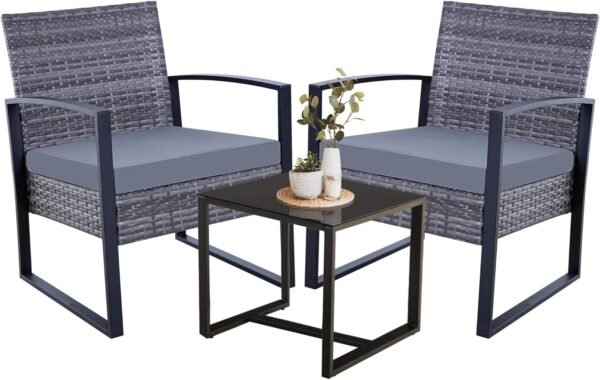 3 Piece Patio Bistro Set, Outdoor Wicker Apartment Balcony Furniture Sets, Rattan Table and Chairs Set of 2 for Porch Backyard Lawn Poolside Deck, Grey Wicker/Grey Cushion