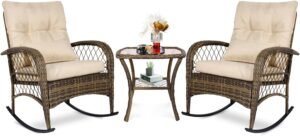 3 Pieces Outdoor Wicker Bistro Set, Rattan Outdoor Rocking Chairs Set of 2 with Cushions & Glass-Top Coffee Table, Patio Furniture for Porch, Backyard, Bistro, Beige