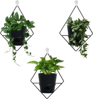 3 Sets of Wall Planters for Indoor Plants, Hanging Wall Planter with Black Metal Holder, Geometric Self Watering Wall Flower Pots, Wall Mounted Succulent Planter, 5" Black Plant Pot