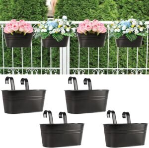 4 Pack Metal Iron Hanging Flower Pots 11 Inch Railing Fence Hanging Bucket Pots with Detachable Hooks Countryside Style Window Railing Planter Box for Garden Balcony Outdoor Decors(Black)