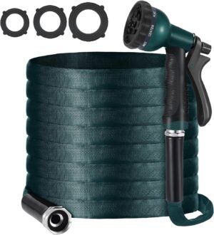 75 Ft Non Expanding Garden Hose, 5/8" Flat Garden Hose with 8 Function Hose Nozzle, Flexible, Ultra Lightweight Water Hose for Yard Watering, Car Washing, Boats and Campers (Green)