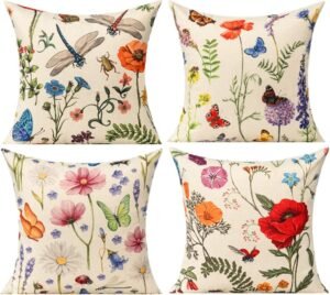 All Smiles Outdoor Patio Throw Pillow Covers Spring Summer Garden Flowers Farmhouse Décor Outside Furniture Bench Chair Decorative Cushion Cases 18x18 Set of 4 for Swing Deep Seat Bed Couch Sofa