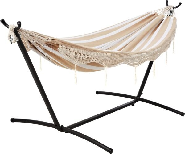 Amazon Basics Double Hammock with 9-Foot Space Saving Steel Stand and Carrying Case, 450 lb Capacity, Beige Stripe with Lace, 110 x 47 x 43 inches