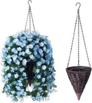 Artificial Fake Hanging Flowers Plants with Baskets for Outdoor Decoration,Faux Blue Silk Orchid Flower Arrangement Planter for Home Indoor Outside Porch Balcony Decor