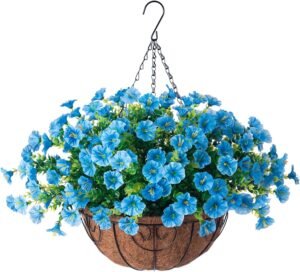 Artificial Fake Hanging Outdoor Plants Flowers with Basket, Faux Silk Blue Morning Glory Eucalyptus Floral Arrangement Look Real UV Resistant for Outside Porch Patio Balcony Home Decor