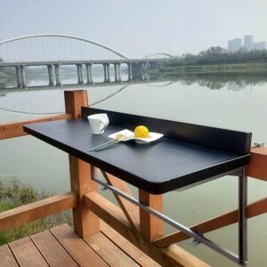 Balcony Table Hanging Railing, Folding Deck Rail Table Adjustable Balcony Bar Table, Wall-Mounted Side Table for Patio, Garden, Black