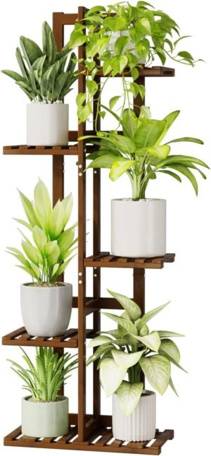 Bamworld 5 Tier Bamboo Plant Stand Indoor, Corner Plant Shelf for Multiple Plants, Small Tiered Flower Stand for Window Garden Balcony Home Decor Living Room Bedroom(Tea Brown)