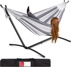 Best Choice Products Double Hammock with Steel Stand, Indoor Outdoor Brazilian-Style Cotton Bed w/Carrying Bag, 2-Person Capacity - Steel