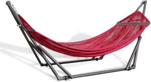 Best Home Fashion Hammock with Collapsible Steel Stand 450 lbs Capacity & Carrying Case, Portable & Adjustable, Perfect for Camping Beach Summer Patio, EZ Daze Foldable Hammock with Stand- RED