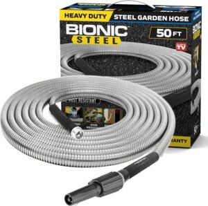 Bionic Steel Metal Garden Hose 50 Ft with Nozzle, 304 Stainless Steel Water Hose, 50 Ft Garden Hose Tough & Flexible, Lightweight, Crush Resistant Fittings, Kink & Tangle Free, Rust Proof - 2024 Model