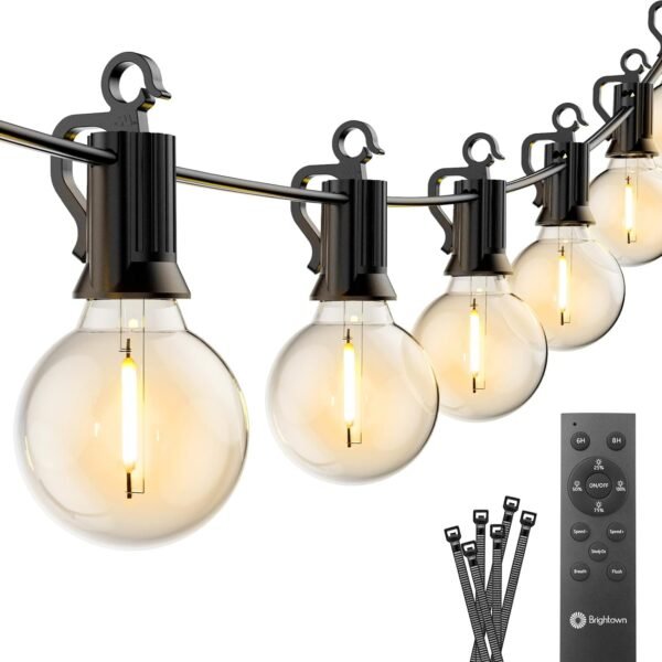 Brightown Outdoor String Lights with Remote, 38Ft(28+10) Patio Lights Outdoor Waterproof, String Lights for Outside with 15 Shatterproof LED Bulbs, Hanging Lights for Porch Balcony Bistro Cafe