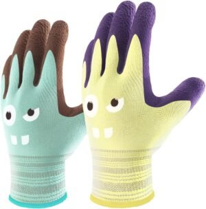 COOLJOB 2 Pairs Modal Toddler Work Gloves Ages 2-5, Rubber Coated Kids Gardening Gloves for Children, Ultra Soft Skin-friendly (Little Monster Series, Small S)