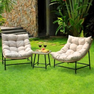 Caline Large Rattan Bistro Set Outdoor 3 Piece with Glass Side Table, Premium Olefin Thick Cushion, Upgraded 2000Hrs UV Resistant Wicker for Patio Use, Papasan Chair Design