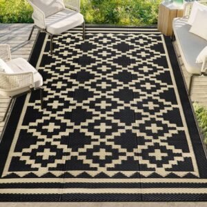 Capslpad Outdoor Rug 4'x6' Waterproof Plastic Straw Patio Rug Reversible Mat UV Resistant Outdoor Area Rug for Patio Backyard Terrace Deck Beach Picnic Balcony BBQ,Black and Beige