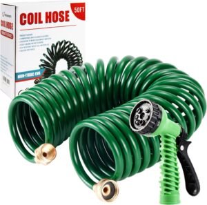 Coil Garden Hose 50FT, EVA Recoil Garden Hose, Heavy Duty Curly Coiled Water Hose, Retractable Garden Hose with 7 Function Spray Nozzle Gun