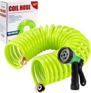 Coil Garden Hose 50FT, EVA Recoil Garden Hose, Self-coiling Water Hose with 3/4" Connector Fittings with 8 Function Spray Nozzle, Grass Green