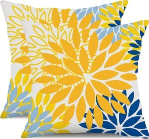 DFXSZ Yellow Blue Flower Pillow Covers 18x18 Inch Set of 2 White Gray Colored Throw Pillows Outdoor Waterproof Decor for Living Room Sofa Patio Funiture Garden Floral Polyester Pillow Covers 002J