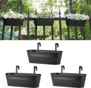 Dahey 3 Pcs Metal Iron Hanging Flower Pots for Railing Fence 15.7 Inch Hanging Bucket Pots Countryside Style Window Flower Plant Holder with Detachable Hooks for Garden Yard Home Decor,Black