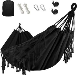 Double Hammock, Heavy Duty 500 lb Load Capacity Tassels and Fishtail Knitting with Mounting Straps for Outdoor Camping Patio Balcony Black