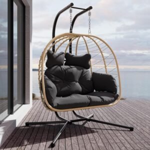 Double Indoor/Outdoor Wicker Swing Egg Chair Hammock Foldable Hanging Loveseat with Stand, UV Resistant Removable Cushions, 700LB Capacity for Bedroom, Balcony, Garden (Yellow and Black)