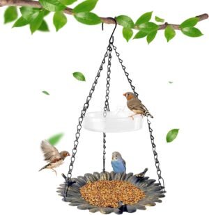 ERYTLLY Hanging Bird Feeder and Bath for Outside, Metal Wild Bird Feeder for Outdoors Garden Backyard Balcony Decor, Large Platform Bird Seed Water Feeders Tray, Bird Watching Gift, Antique Copper