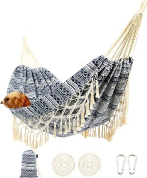 Garden Hammock with Tassels,2 Persons Indoor Hammocks with Portable Carry Bag Deluxe Macrame Fringe for Patio,Porch,Backyard,Beach,Outdoor and Inside Cotton Fabric, Up to 450Lbs (Blue-White)