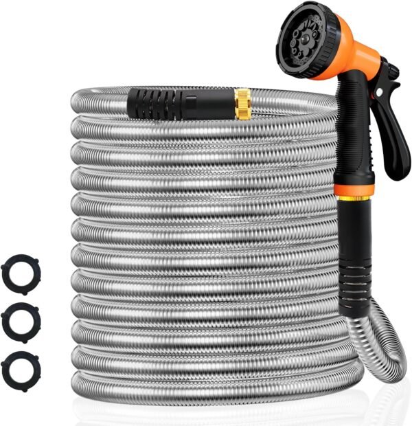 Garden Hose 25FT Stainless Steel Water Hose with 10 Functions Adjustable Spray Nozzle, Heavy-Duty Metal Garden Hose Flexible Durable No-Tangle & Kink Leak Dog Proof Hose for Yard Lawn(Orange)