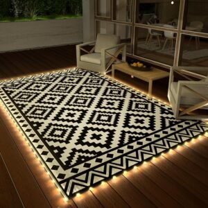 HAUSHOF 5'X8' Outdoor Rug Waterproof with LED Strip Light, Reversible Outdoor Plastic Straw Rug, Patio Rug with 4 Rug Stakes, Outdoor Carpet Mat for RV, Camping, Beach, Porch, Balcony, Black&White