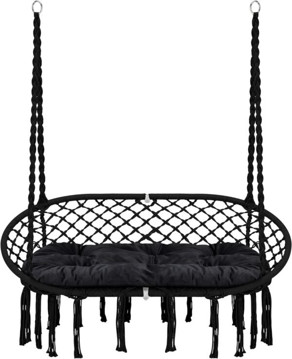 Hammock Chair Macrame Hanging Swing with Cushion,Hanging Cotton Ropes, Metal Frame, 450 lbs Capacity Indoor Outdoor, Patio, Balcony, Living,Deck, Yard, Garden(Double Swing)