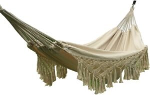 Handmade Cotton Woven Balcony Hammock Hanging Rope Chair Porch Swing with Crochet Fringe for Backyard Patio Garden Outdoor and Indoor Boho Style Natural White