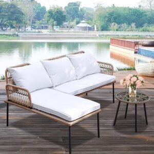 Homsido 3 Pieces Patio Furniture Set, L-Shaped Outdoor Chaise Lounge Wicker Rope Boho Patio Bistro Set for Apartment,Balcony,Poolside, Porch,with White Cushions and Round Wicker Table