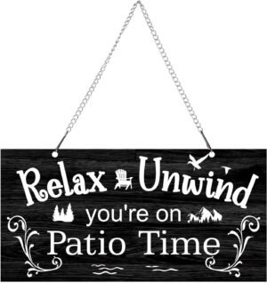 Hotop 10 x 5 Inch Patio Wall Decor Hanging Art Metal Plaque Signs Vintage Balcony Decor Retro Patio Accessories Relax Unwind You're on Patio Time with Chain for Home Pub (White Words with Black Base)