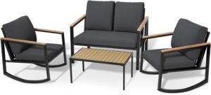 JEAREY Patio Furniture Set, 4 Pieces Outdoor Patio Set with Rocking Bistro Set, Wood-Like Table, Metal Patio Conversation Sets with Removable & Washable Cushions and Anti-Scald Armrest