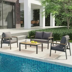 JOIVI Patio Furniture Set, 4 Pieces OutdoorPatio Furniture with Table Set, Metal Patio Conversation Sets with Removable & Washable Cushions, Outdoor Furniture for Deck, Backyard, Gray