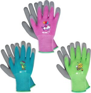 KDK 3 Pairs Kids Gardening Gloves,Yard Work Gloves for Toddlers, Youth, Girls, Boys, Childrens, Soft Safety Rubber Gloves (Age 5-7, Green, Blue&Pink)