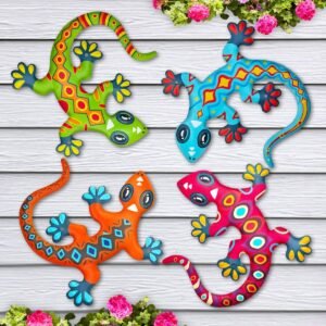 Kggetr Metal Gecko Wall Art Decor- Outdoor Lizards Hanging Decoration for Garden Yard Fence Patio Balcony,Gift for Mom Dad Friends(4 Pack)