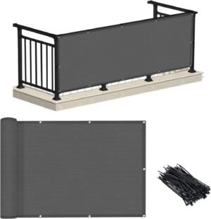 LOVE STORY 3'x10' Charcoal Balcony Privacy Screen Fencing Cover -HDPE Material 90% UV Protection, Weather-Resistant Heavy Duty Shield for Outdoor Pool, Deck Railing, Patio, Backyard, Porch