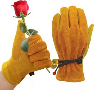 Leather Gardening Work Cowhide Thorn Proof Gloves with Cotton Lining for Weeding Pruning Yard Working for Men