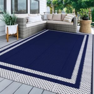 LuxStep Outdoor Rug, Waterproof Reversible Patio Rugs, 5x8ft Large Outdoor Area Rug Foldable Plastic Camping Rugs for Outside RV, Patio,Picnic,Camper,Balcony,Porch (Blue &White)